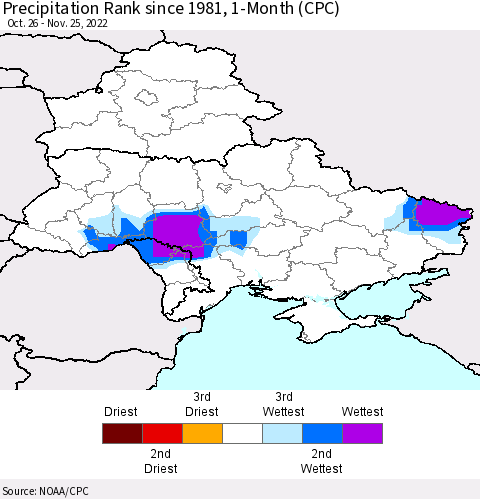 Ukraine, Moldova and Belarus Precipitation Rank since 1981, 1-Month (CPC) Thematic Map For 10/26/2022 - 11/25/2022