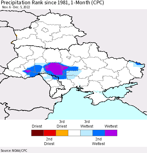 Ukraine, Moldova and Belarus Precipitation Rank 1-Month (CPC) Thematic Map For 11/6/2022 - 12/5/2022