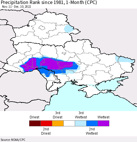 Ukraine, Moldova and Belarus Precipitation Rank 1-Month (CPC) Thematic Map For 11/11/2022 - 12/10/2022