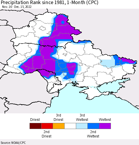Ukraine, Moldova and Belarus Precipitation Rank 1-Month (CPC) Thematic Map For 11/16/2022 - 12/15/2022