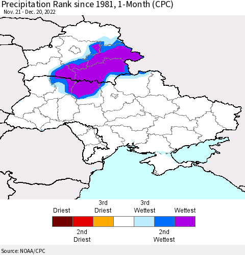 Ukraine, Moldova and Belarus Precipitation Rank since 1981, 1-Month (CPC) Thematic Map For 11/21/2022 - 12/20/2022