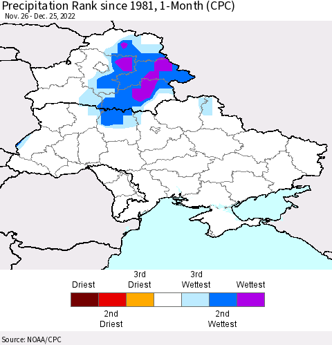 Ukraine, Moldova and Belarus Precipitation Rank since 1981, 1-Month (CPC) Thematic Map For 11/26/2022 - 12/25/2022