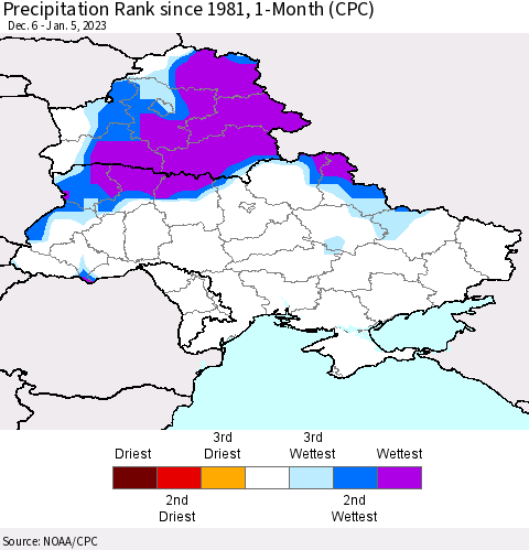 Ukraine, Moldova and Belarus Precipitation Rank 1-Month (CPC) Thematic Map For 12/6/2022 - 1/5/2023