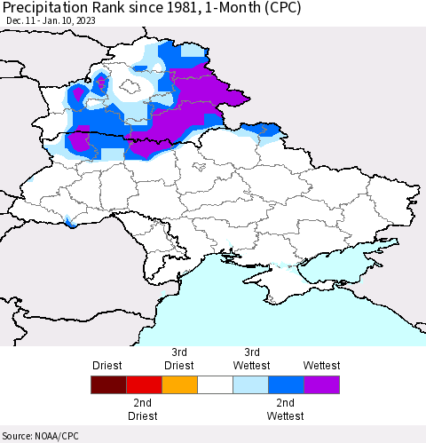 Ukraine, Moldova and Belarus Precipitation Rank 1-Month (CPC) Thematic Map For 12/11/2022 - 1/10/2023