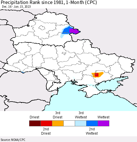 Ukraine, Moldova and Belarus Precipitation Rank 1-Month (CPC) Thematic Map For 12/16/2022 - 1/15/2023