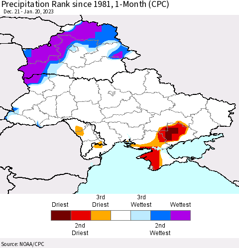 Ukraine, Moldova and Belarus Precipitation Rank 1-Month (CPC) Thematic Map For 12/21/2022 - 1/20/2023