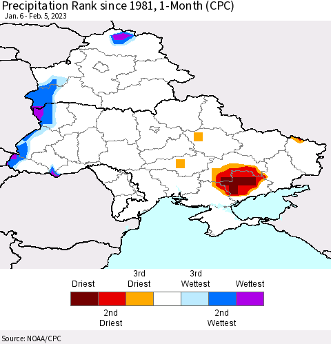 Ukraine, Moldova and Belarus Precipitation Rank since 1981, 1-Month (CPC) Thematic Map For 1/6/2023 - 2/5/2023