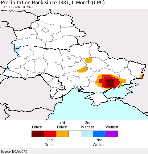 Ukraine, Moldova and Belarus Precipitation Rank since 1981, 1-Month (CPC) Thematic Map For 1/11/2023 - 2/10/2023