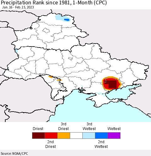Ukraine, Moldova and Belarus Precipitation Rank since 1981, 1-Month (CPC) Thematic Map For 1/16/2023 - 2/15/2023