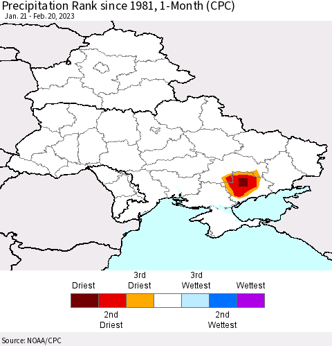 Ukraine, Moldova and Belarus Precipitation Rank since 1981, 1-Month (CPC) Thematic Map For 1/21/2023 - 2/20/2023