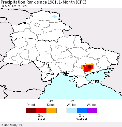 Ukraine, Moldova and Belarus Precipitation Rank since 1981, 1-Month (CPC) Thematic Map For 1/26/2023 - 2/25/2023