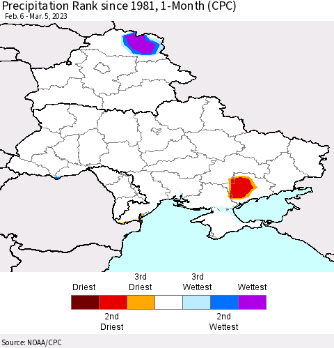 Ukraine, Moldova and Belarus Precipitation Rank since 1981, 1-Month (CPC) Thematic Map For 2/6/2023 - 3/5/2023
