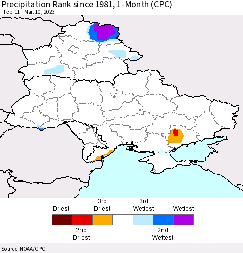 Ukraine, Moldova and Belarus Precipitation Rank since 1981, 1-Month (CPC) Thematic Map For 2/11/2023 - 3/10/2023