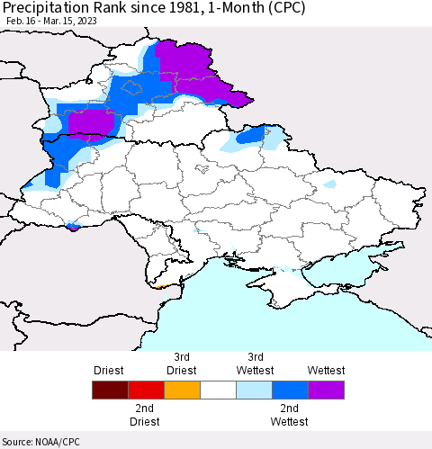 Ukraine, Moldova and Belarus Precipitation Rank since 1981, 1-Month (CPC) Thematic Map For 2/16/2023 - 3/15/2023