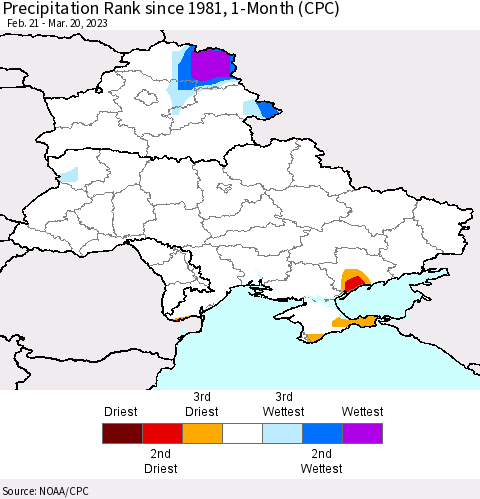 Ukraine, Moldova and Belarus Precipitation Rank since 1981, 1-Month (CPC) Thematic Map For 2/21/2023 - 3/20/2023