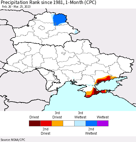 Ukraine, Moldova and Belarus Precipitation Rank since 1981, 1-Month (CPC) Thematic Map For 2/26/2023 - 3/25/2023