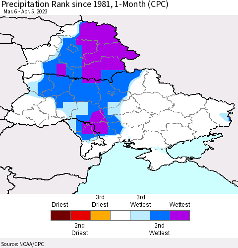 Ukraine, Moldova and Belarus Precipitation Rank since 1981, 1-Month (CPC) Thematic Map For 3/6/2023 - 4/5/2023