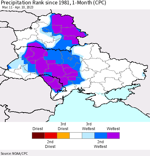 Ukraine, Moldova and Belarus Precipitation Rank since 1981, 1-Month (CPC) Thematic Map For 3/11/2023 - 4/10/2023