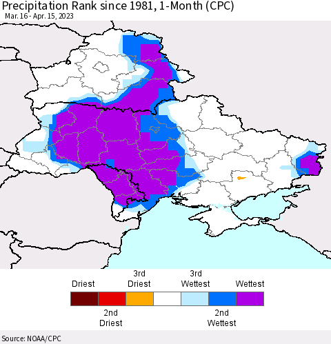 Ukraine, Moldova and Belarus Precipitation Rank since 1981, 1-Month (CPC) Thematic Map For 3/16/2023 - 4/15/2023