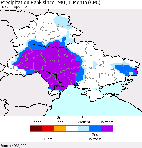 Ukraine, Moldova and Belarus Precipitation Rank since 1981, 1-Month (CPC) Thematic Map For 3/21/2023 - 4/20/2023