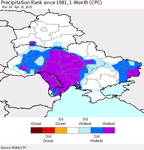 Ukraine, Moldova and Belarus Precipitation Rank since 1981, 1-Month (CPC) Thematic Map For 3/26/2023 - 4/25/2023