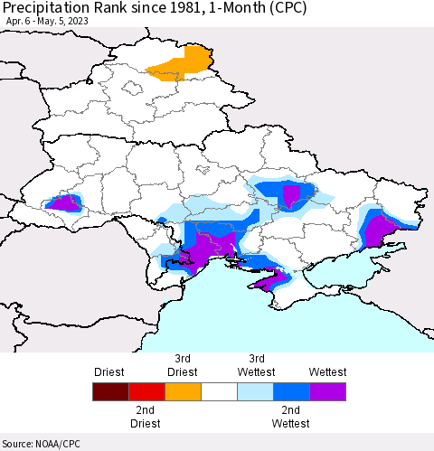 Ukraine, Moldova and Belarus Precipitation Rank since 1981, 1-Month (CPC) Thematic Map For 4/6/2023 - 5/5/2023