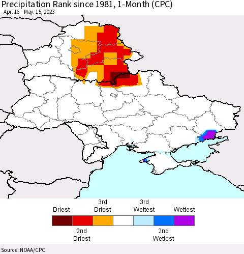 Ukraine, Moldova and Belarus Precipitation Rank since 1981, 1-Month (CPC) Thematic Map For 4/16/2023 - 5/15/2023