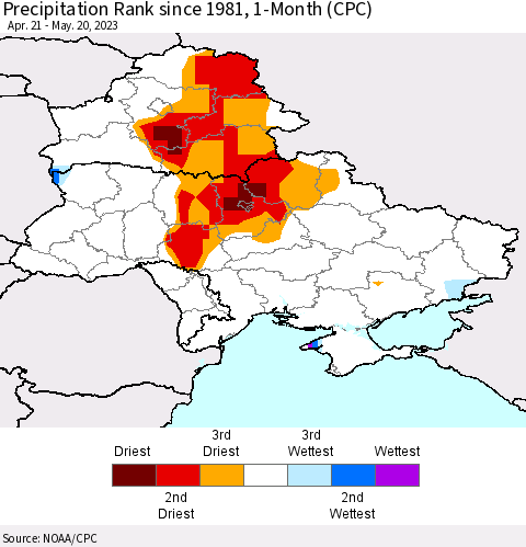Ukraine, Moldova and Belarus Precipitation Rank since 1981, 1-Month (CPC) Thematic Map For 4/21/2023 - 5/20/2023