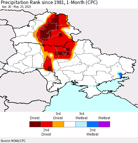Ukraine, Moldova and Belarus Precipitation Rank since 1981, 1-Month (CPC) Thematic Map For 4/26/2023 - 5/25/2023