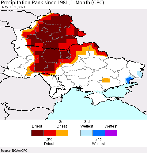 Ukraine, Moldova and Belarus Precipitation Rank since 1981, 1-Month (CPC) Thematic Map For 5/1/2023 - 5/31/2023