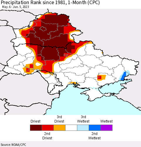 Ukraine, Moldova and Belarus Precipitation Rank since 1981, 1-Month (CPC) Thematic Map For 5/6/2023 - 6/5/2023