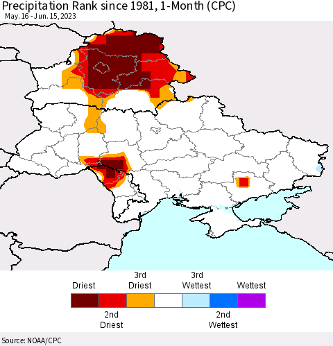 Ukraine, Moldova and Belarus Precipitation Rank since 1981, 1-Month (CPC) Thematic Map For 5/16/2023 - 6/15/2023