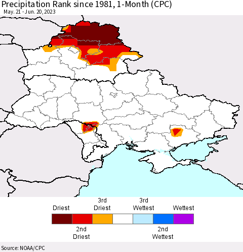 Ukraine, Moldova and Belarus Precipitation Rank since 1981, 1-Month (CPC) Thematic Map For 5/21/2023 - 6/20/2023