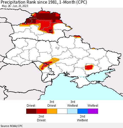 Ukraine, Moldova and Belarus Precipitation Rank since 1981, 1-Month (CPC) Thematic Map For 5/26/2023 - 6/25/2023