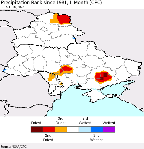 Ukraine, Moldova and Belarus Precipitation Rank since 1981, 1-Month (CPC) Thematic Map For 6/1/2023 - 6/30/2023