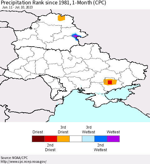 Ukraine, Moldova and Belarus Precipitation Rank since 1981, 1-Month (CPC) Thematic Map For 6/11/2023 - 7/10/2023