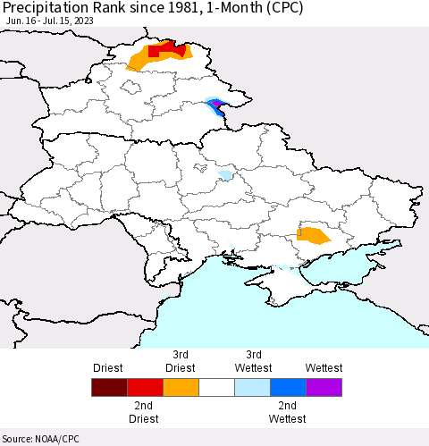 Ukraine, Moldova and Belarus Precipitation Rank since 1981, 1-Month (CPC) Thematic Map For 6/16/2023 - 7/15/2023