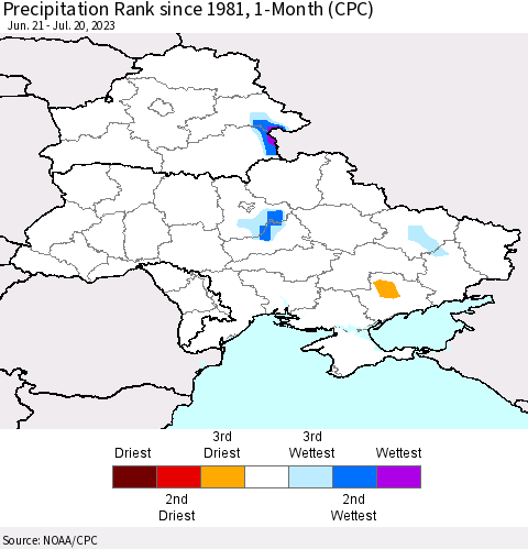 Ukraine, Moldova and Belarus Precipitation Rank since 1981, 1-Month (CPC) Thematic Map For 6/21/2023 - 7/20/2023