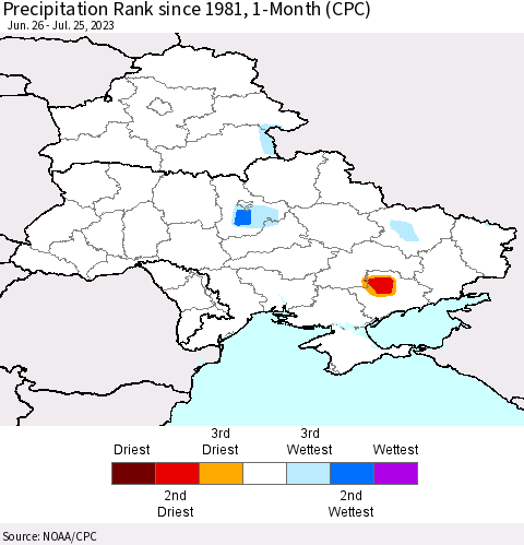 Ukraine, Moldova and Belarus Precipitation Rank since 1981, 1-Month (CPC) Thematic Map For 6/26/2023 - 7/25/2023