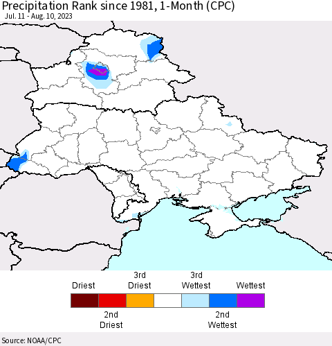Ukraine, Moldova and Belarus Precipitation Rank since 1981, 1-Month (CPC) Thematic Map For 7/11/2023 - 8/10/2023