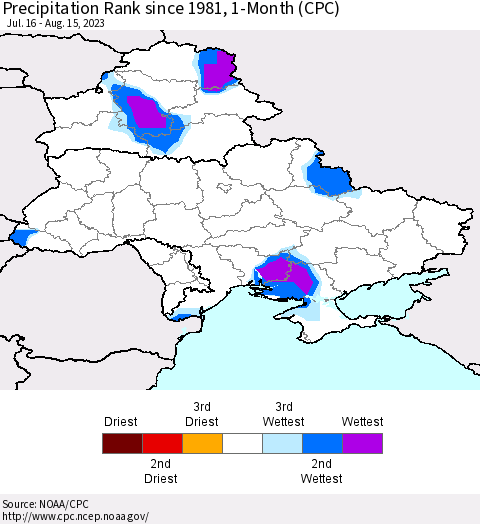 Ukraine, Moldova and Belarus Precipitation Rank since 1981, 1-Month (CPC) Thematic Map For 7/16/2023 - 8/15/2023