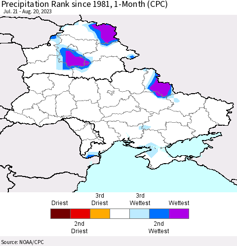 Ukraine, Moldova and Belarus Precipitation Rank since 1981, 1-Month (CPC) Thematic Map For 7/21/2023 - 8/20/2023