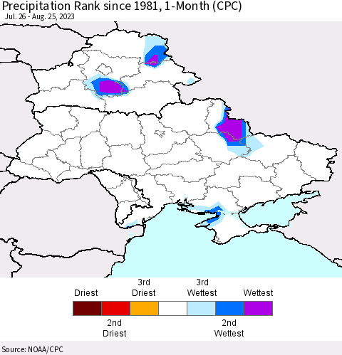 Ukraine, Moldova and Belarus Precipitation Rank since 1981, 1-Month (CPC) Thematic Map For 7/26/2023 - 8/25/2023