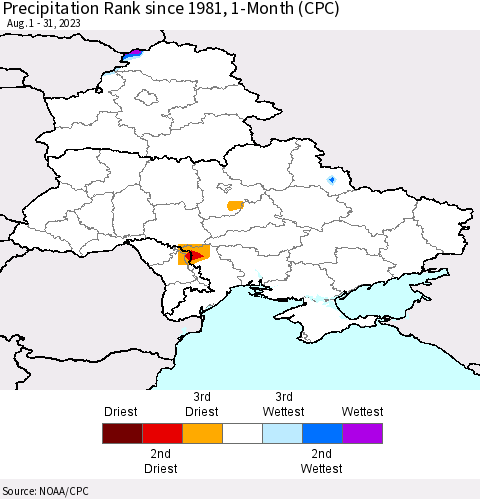 Ukraine, Moldova and Belarus Precipitation Rank since 1981, 1-Month (CPC) Thematic Map For 8/1/2023 - 8/31/2023