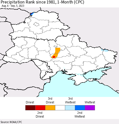 Ukraine, Moldova and Belarus Precipitation Rank since 1981, 1-Month (CPC) Thematic Map For 8/6/2023 - 9/5/2023