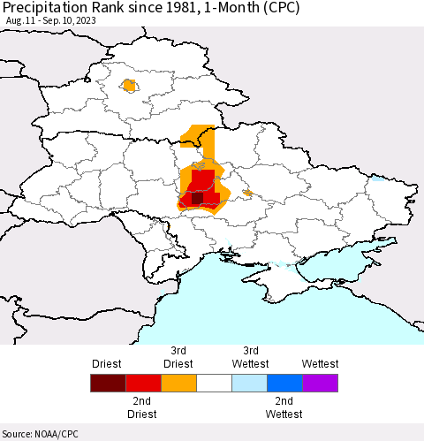 Ukraine, Moldova and Belarus Precipitation Rank since 1981, 1-Month (CPC) Thematic Map For 8/11/2023 - 9/10/2023
