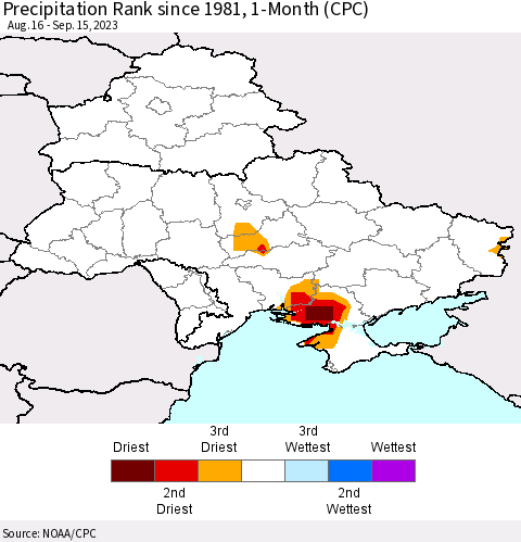 Ukraine, Moldova and Belarus Precipitation Rank since 1981, 1-Month (CPC) Thematic Map For 8/16/2023 - 9/15/2023
