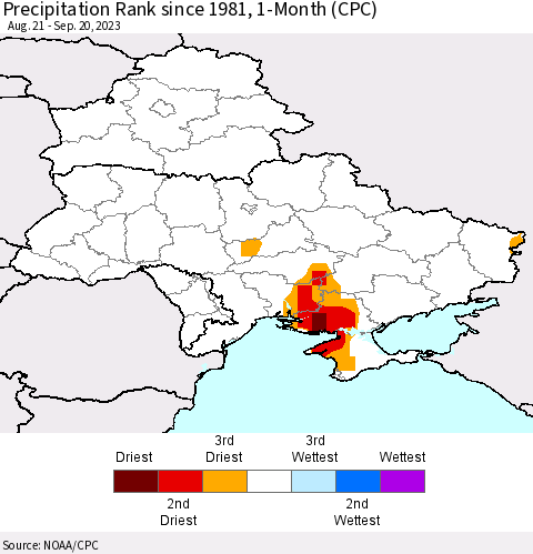 Ukraine, Moldova and Belarus Precipitation Rank since 1981, 1-Month (CPC) Thematic Map For 8/21/2023 - 9/20/2023
