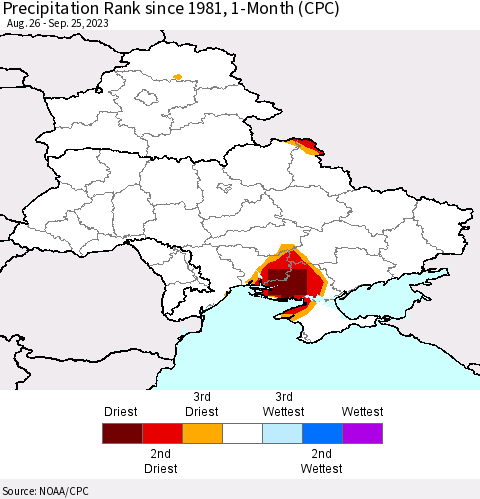 Ukraine, Moldova and Belarus Precipitation Rank since 1981, 1-Month (CPC) Thematic Map For 8/26/2023 - 9/25/2023