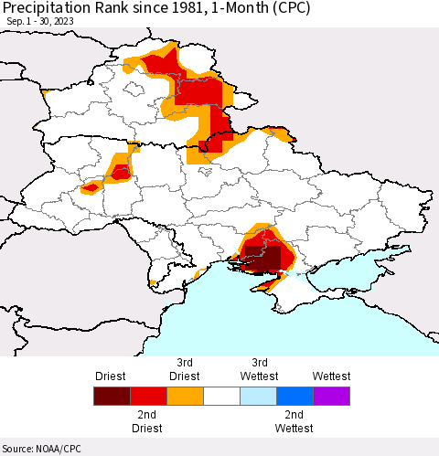 Ukraine, Moldova and Belarus Precipitation Rank since 1981, 1-Month (CPC) Thematic Map For 9/1/2023 - 9/30/2023
